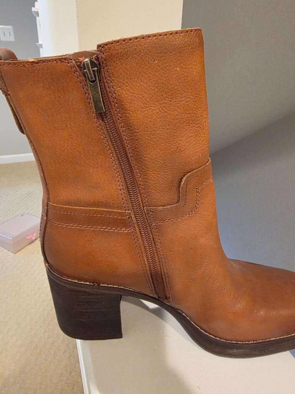 Franco Sarto Cognac Brown Leather Ankle Boots – Side Zip Block Heel